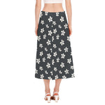Monochrome Plumeria Pattern Print Side Slit Midi Skirt