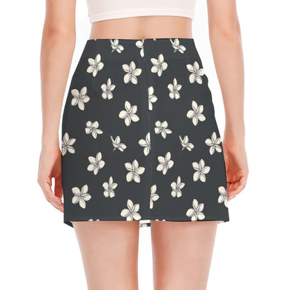 Monochrome Plumeria Pattern Print Side Slit Mini Skirt