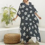 Monochrome Plumeria Pattern Print Silk V-Neck Kaftan Dress