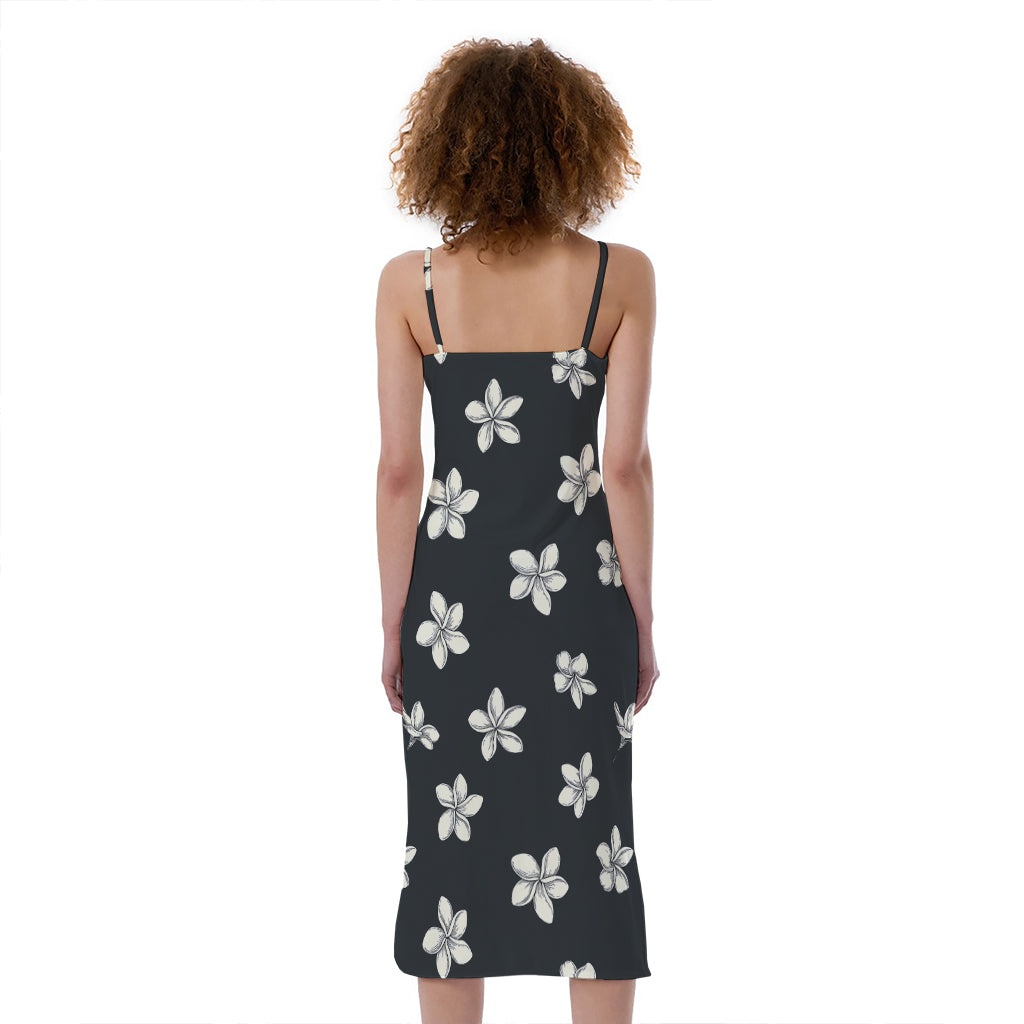 Monochrome Plumeria Pattern Print Slim Fit Midi Cami Dress