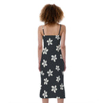 Monochrome Plumeria Pattern Print Slim Fit Midi Cami Dress