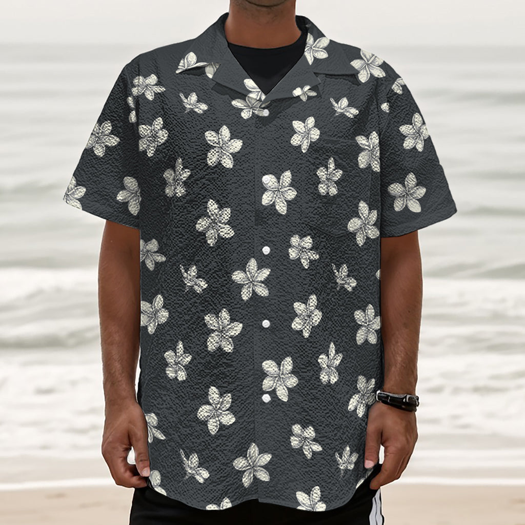 Monochrome Plumeria Pattern Print Textured Short Sleeve Shirt