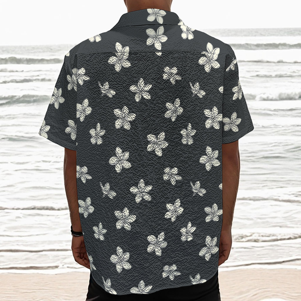 Monochrome Plumeria Pattern Print Textured Short Sleeve Shirt