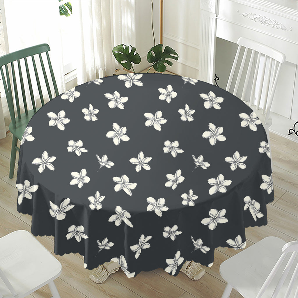 Monochrome Plumeria Pattern Print Waterproof Round Tablecloth