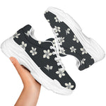 Monochrome Plumeria Pattern Print White Chunky Shoes