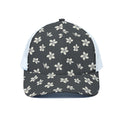 Monochrome Plumeria Pattern Print White Mesh Trucker Hat