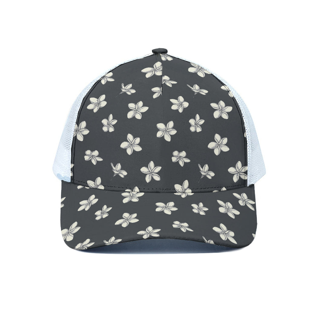Monochrome Plumeria Pattern Print White Mesh Trucker Cap
