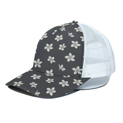 Monochrome Plumeria Pattern Print White Mesh Trucker Cap
