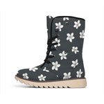Monochrome Plumeria Pattern Print Winter Boots