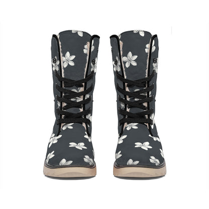 Monochrome Plumeria Pattern Print Winter Boots