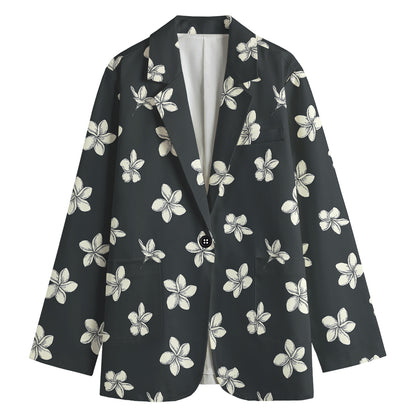 Monochrome Plumeria Pattern Print Women's Blazer