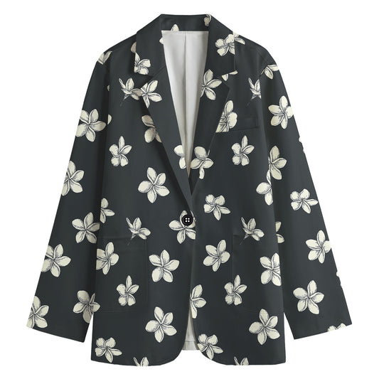 Monochrome Plumeria Pattern Print Women's Blazer