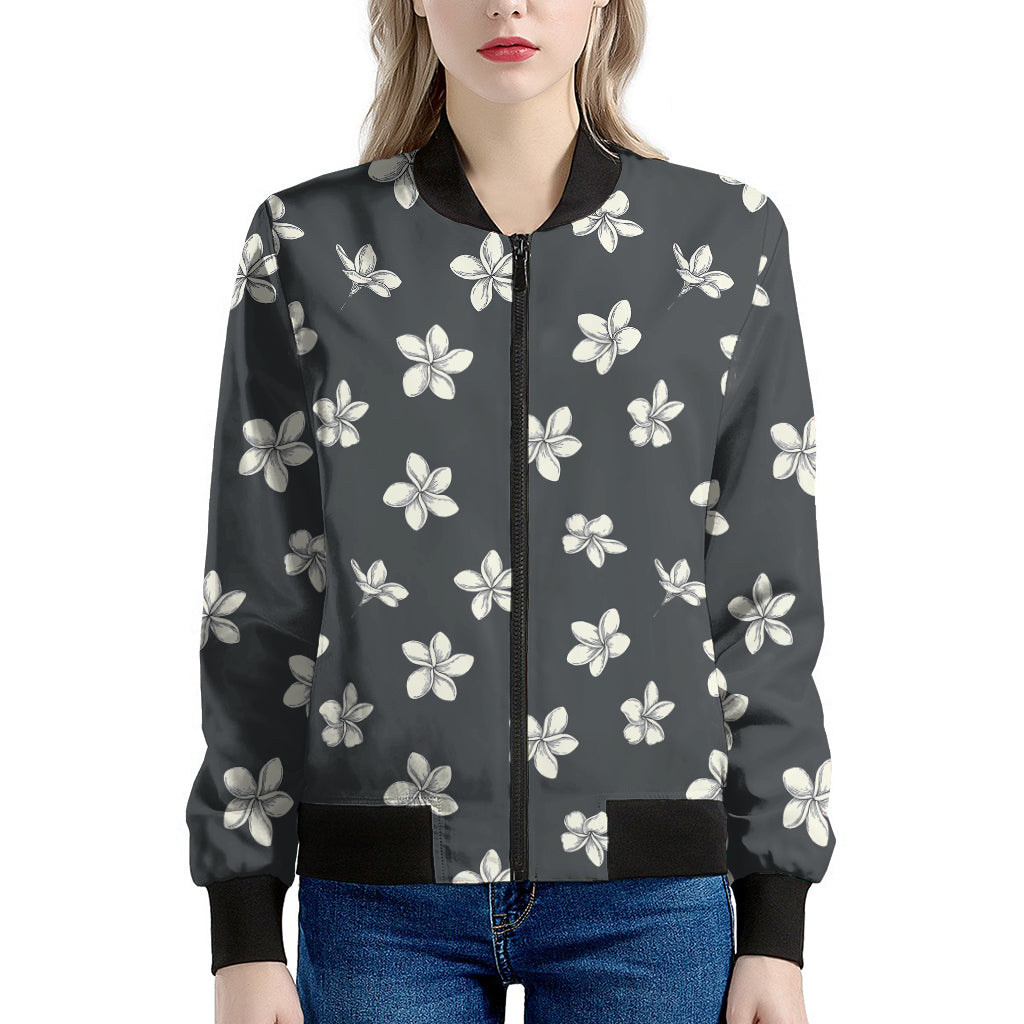 Monochrome Plumeria Pattern Print Women's Bomber Jacket