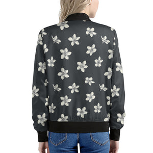 Monochrome Plumeria Pattern Print Women's Bomber Jacket