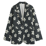 Monochrome Plumeria Pattern Print Women's Cotton Blazer
