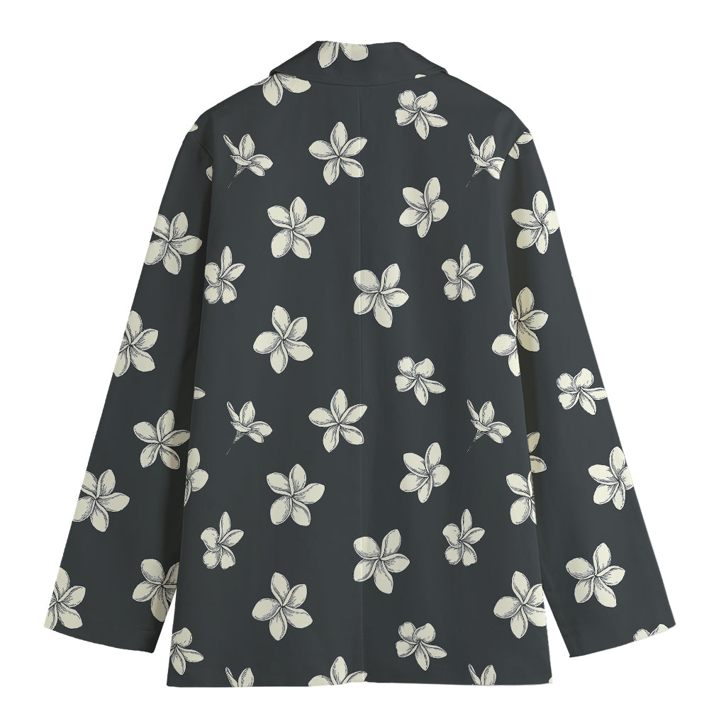 Monochrome Plumeria Pattern Print Women's Cotton Blazer