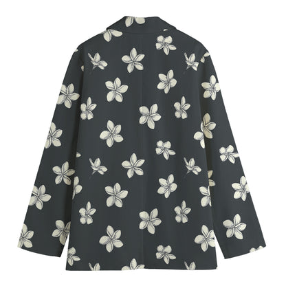 Monochrome Plumeria Pattern Print Women's Cotton Blazer