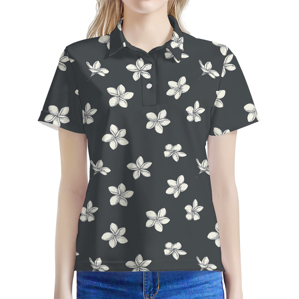 Monochrome Plumeria Pattern Print Women's Polo Shirt