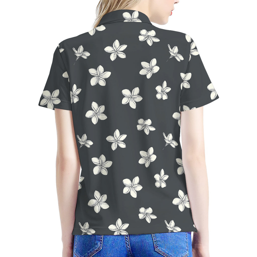 Monochrome Plumeria Pattern Print Women's Polo Shirt