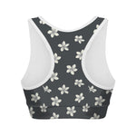Monochrome Plumeria Pattern Print Women's Sports Bra