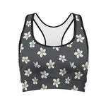 Monochrome Plumeria Pattern Print Women's Sports Bra