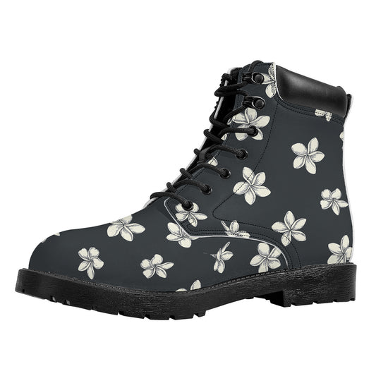 Monochrome Plumeria Pattern Print Work Boots