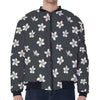 Monochrome Plumeria Pattern Print Zip Sleeve Bomber Jacket