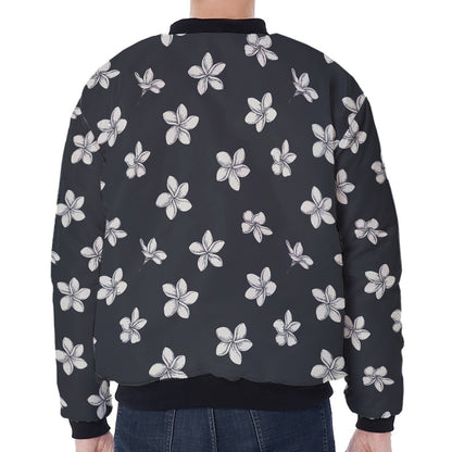 Monochrome Plumeria Pattern Print Zip Sleeve Bomber Jacket