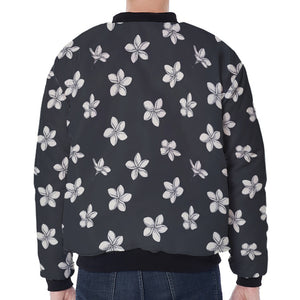 Monochrome Plumeria Pattern Print Zip Sleeve Bomber Jacket