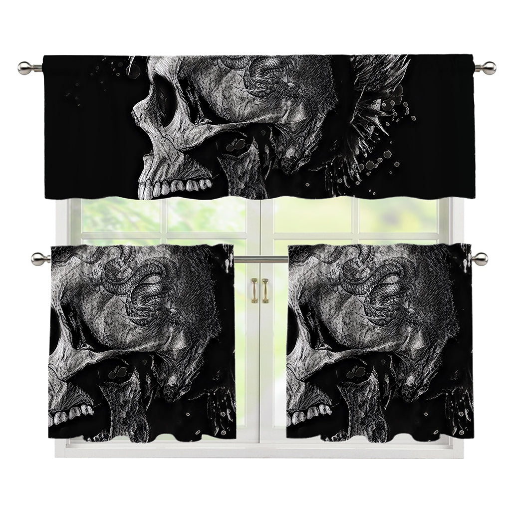 Monochrome Punk Skull Print 3 Piece Kitchen Curtains