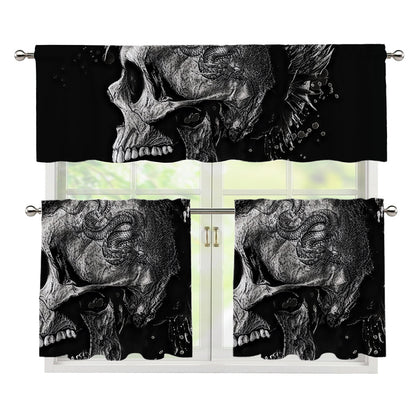 Monochrome Punk Skull Print 3 Piece Kitchen Curtains