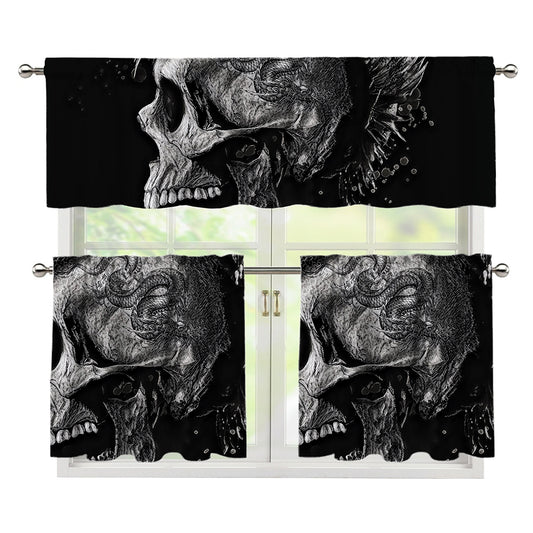 Monochrome Punk Skull Print 3 Piece Kitchen Curtains
