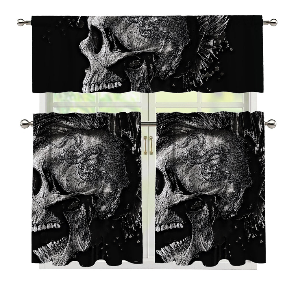 Monochrome Punk Skull Print 3 Piece Kitchen Curtains