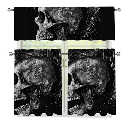 Monochrome Punk Skull Print 3 Piece Kitchen Curtains