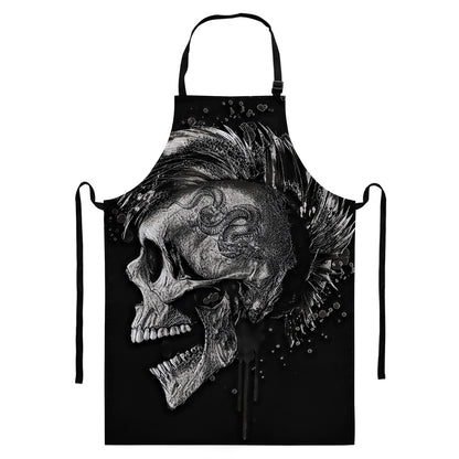 Monochrome Punk Skull Print Bib Apron With Pocket