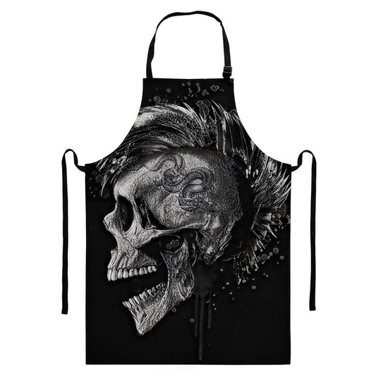 Monochrome Punk Skull Print Bib Apron With Pocket