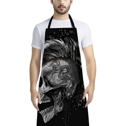Monochrome Punk Skull Print Bib Apron With Pocket