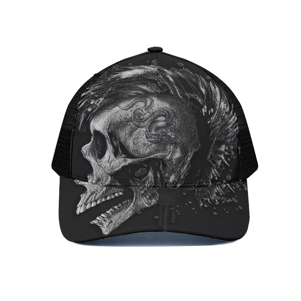 Monochrome Punk Skull Print Black Mesh Trucker Cap