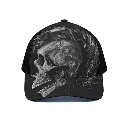 Monochrome Punk Skull Print Black Mesh Trucker Cap