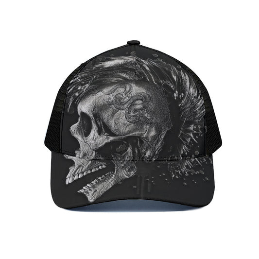 Monochrome Punk Skull Print Black Mesh Trucker Cap