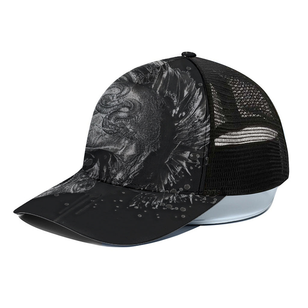 Monochrome Punk Skull Print Black Mesh Trucker Cap