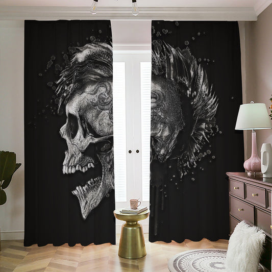 Monochrome Punk Skull Print Blackout Pencil Pleat Curtains