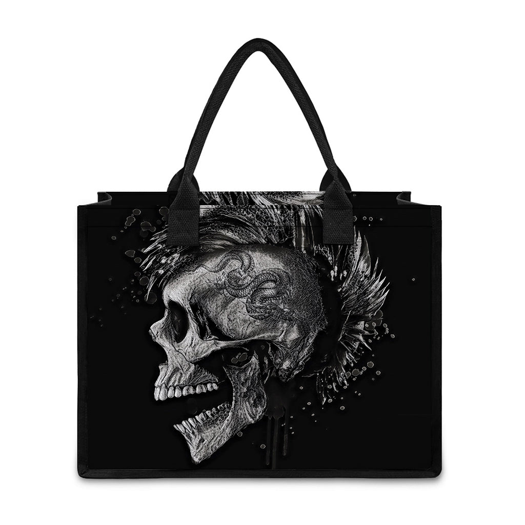 Monochrome Punk Skull Print Canvas Tote Bag