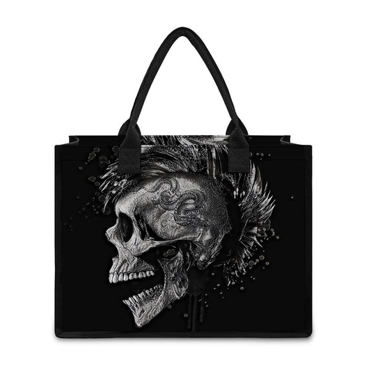 Monochrome Punk Skull Print Canvas Tote Bag