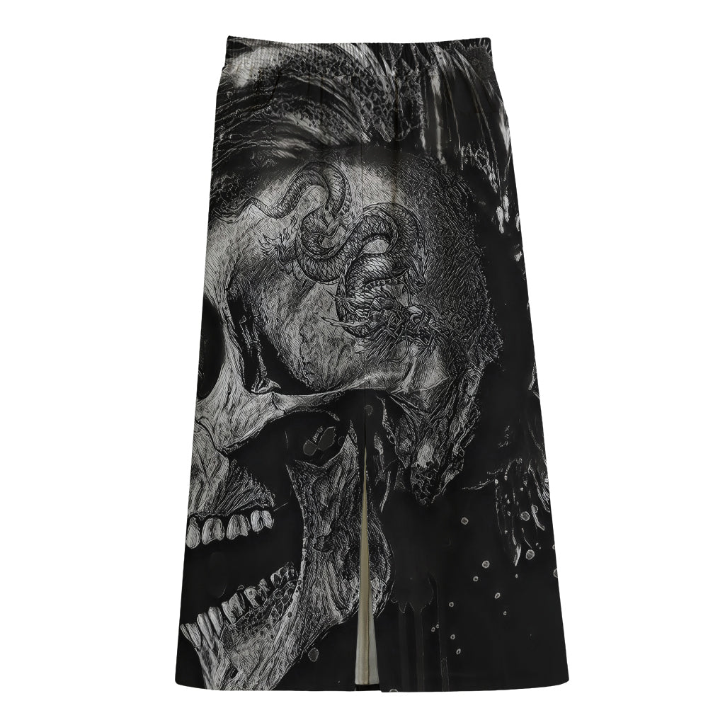 Monochrome Punk Skull Print Cotton Front Slit Maxi Skirt