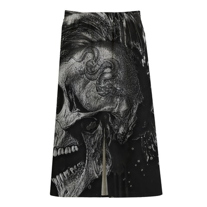 Monochrome Punk Skull Print Cotton Front Slit Maxi Skirt