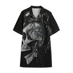 Monochrome Punk Skull Print Cotton Hawaiian Shirt