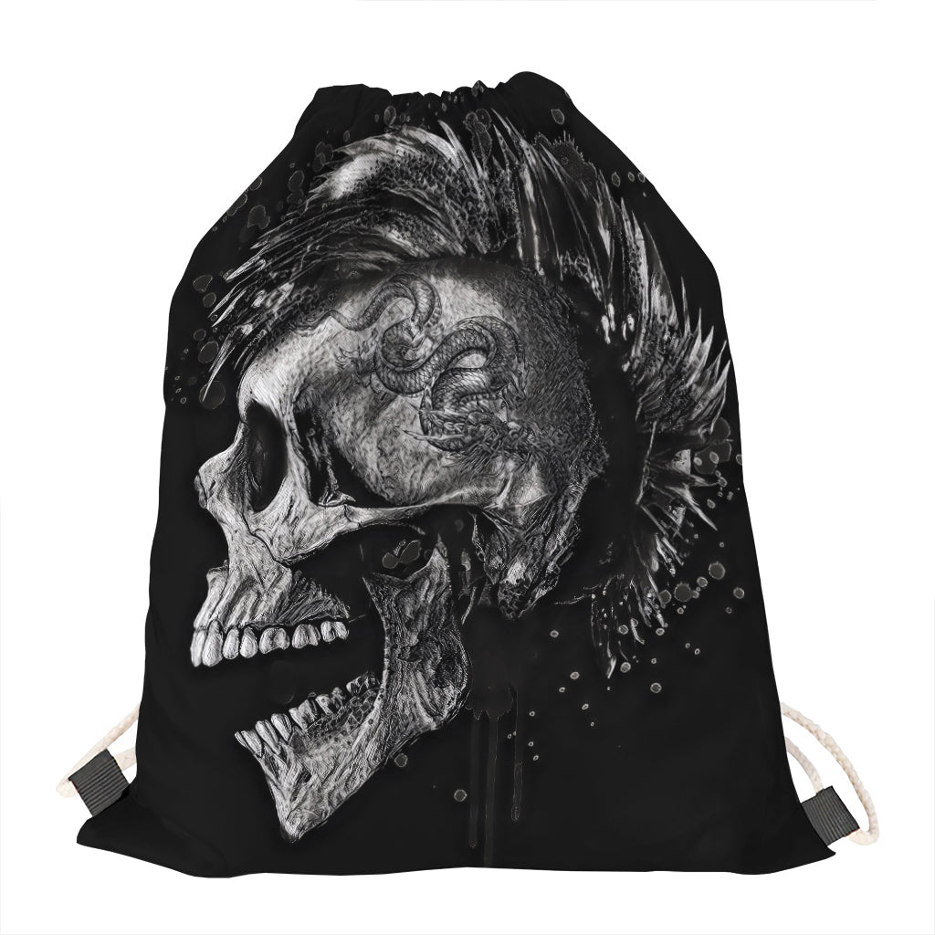 Monochrome Punk Skull Print Drawstring Bag