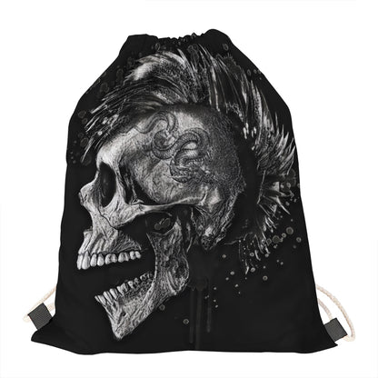 Monochrome Punk Skull Print Drawstring Bag