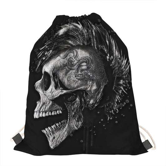 Monochrome Punk Skull Print Drawstring Bag